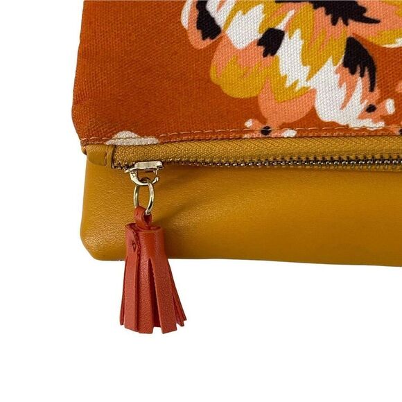 Rachel Pally Fold Over Clutch Floral Bohemian Tassel Canvas Handbag Orange Purse - Picture 2 of 6